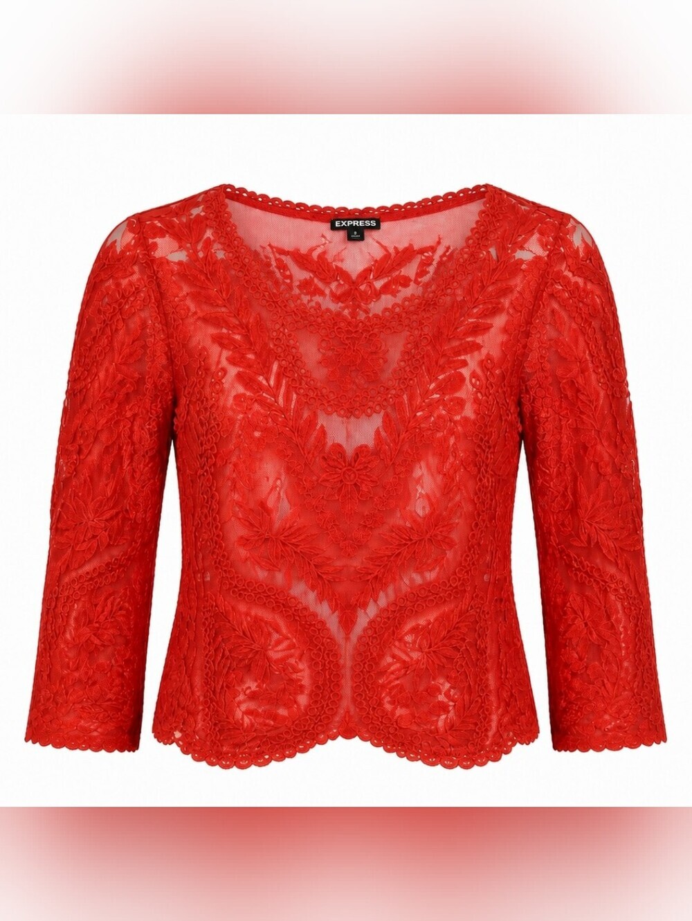NWT Express Sheer Red Floral Lace Top Sz Small - Picture 2 of 3